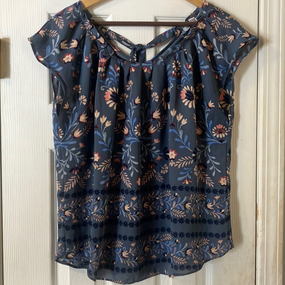 LC Lauren Conrad Blue Smocked Tie Back Blouse